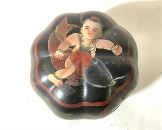 Vintage Asian Hand Painted & Etched Lidded Box