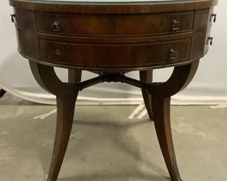 Vntg Round Wooden Glass Top Side Table W Drawer