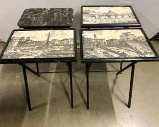 Lot 4 Vintage Tray Tables W Printed Tops