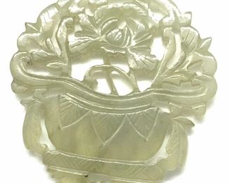 Asian Carved Green JADE AMULET, Florals in Basket