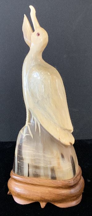 Carved Asian Horn & Wood Pelican Figural W. Stand