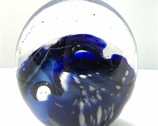 Signed Blue Swirl Art Glass Paperweight