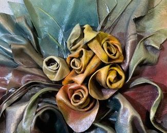 Initialed Painted Leather Rose Sculptural Artwork
