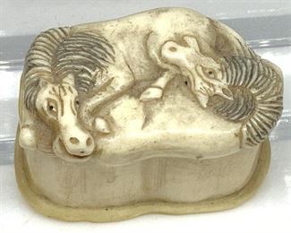 SIGNED Collectible Carved Horses Asian Snuff Box
