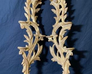 Grande Pair Antique Gilded Wood Wall Sconces
