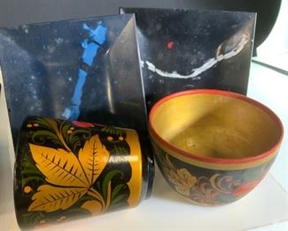 Lot 3 Lacquer Ware Cups and Trinket Plates
