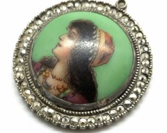 Vintage Painted Female Portrait Pendant, Jewelry
