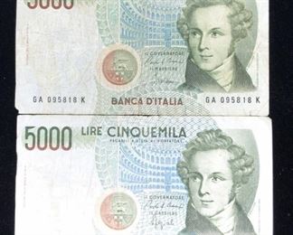 2pc Vntg Italian Currency Lire Cinquemila, Bellini
