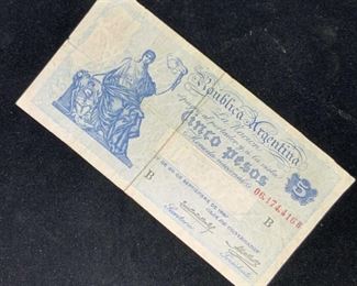 Antique 1897 Republic Argentina Cinco Pesos
