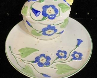 Embossed Ceramic Plate with Sugar Bowl, Italy
