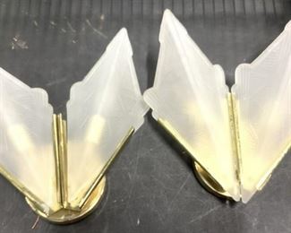 Pair Art Deco Brass Wall Sconces, Frosted Shades
