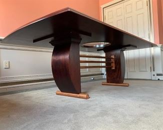 Custom Made Trestle Dining Table With Orbital Inlay