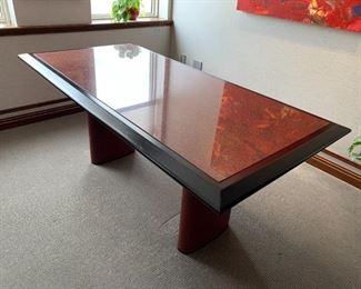 Rose Marble Conference Table With Burgundy Leather Wrapped Double Pedestal Base