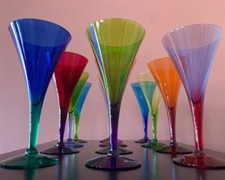 Hand Blown Trumpet Shaped Multi-Colored Champagne Flutes, Set Of Twelve (12)