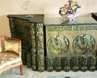 Collectible arm chair & carved oriental cabinets