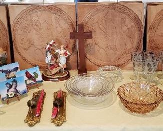 Thick wood carved plaques, glassware etc.