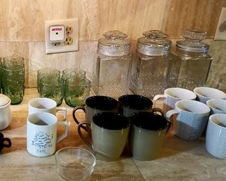 Green glassware, canisters & mugs