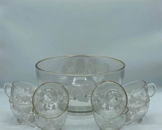 Gold Brimmed Glass Bowl and Cups