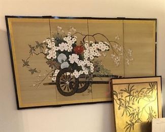 large silk screen from Vietnam-Hanaguruma flower cart