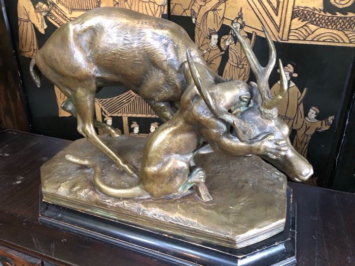 Barye Bronze “Panther Seizing Stag”