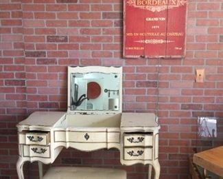 Mid Century Cream and Gold Vanity and bench. Hidden Mirror, Two drawers. French Provincial