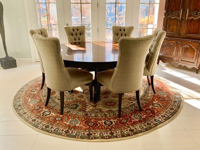 Thomas O’Brien  Century 6’ Round Dining Table               + (8) Fremarc Side Chairs and Feizy 10’ Round Wool Rug 