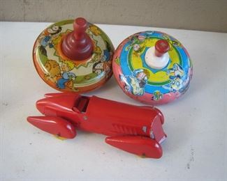 1930's Bobtail racecar & Tin litho spinning top toys