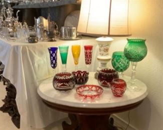 Lovely Colored Cut Crystal Atop Victorian Marble Top Parlor Table