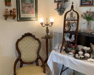Victorian Arm Accent Chair, Bombay Company Pedestal Table, & Vintage Brass Double Figural Lamp