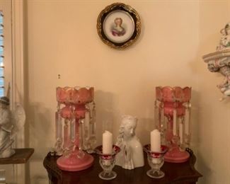 Pair of Antique Pink Cased Glass Mantel Luster Candle Holders With Prisms & Wien Made In Austria Virgin Mary