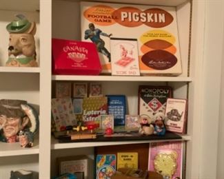 Vintage Parker Brothers Pigskin Football Board Game, Vintage Monopoly Traveling Game, & Vintage Poker Chips In Case