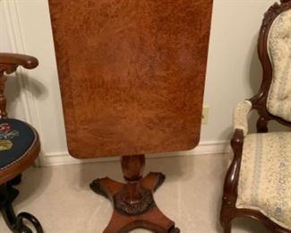 Circa 1825 Antique Burl Wood Tilt Top Table-Waring & Gillow Ltd. 180 Oxford Street with photo of it being tilted
