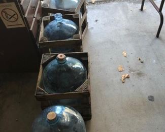 Vintage Sparkletts glass water bottles with wood crate