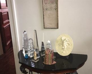 side table with pyramids--glass, marble, and onyx