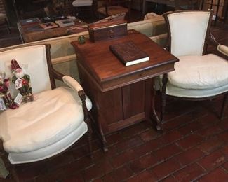Louis XVI white leather armchairs (set of 4)--Do you see the especially nice antique wooden student desk?