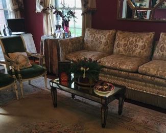 Gorgeous antique furniture including a Hollywood Regency style mirrored low table, fine upholstered table and a large Aubusson style rug