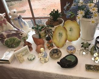 Majolica, paperweights, fine porcelain, bone carvings, beaded French flowers and fine English porcelain rabbits