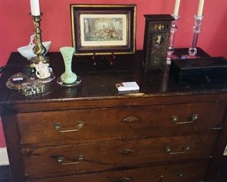 fine crystal, beautiful 19th century lithographs, jade vase, English 19th century cabinet with brass pulls--too much to describe