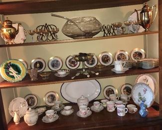 huge old platters, Hans Christen Andersen vermeil plates, majolica, Copeland Spode etc