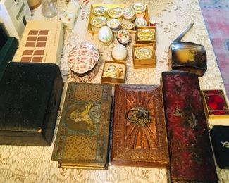 large collection (many more than pictured) of antique pill, card, brush, and document boxes. They are divine!