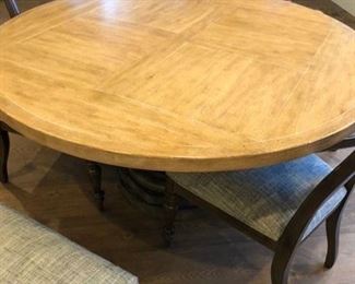 Ethan Allen pedestal base round table with six custom upholstered chairs. Table is 60" diameter X 30"h. Originally $5000. $800