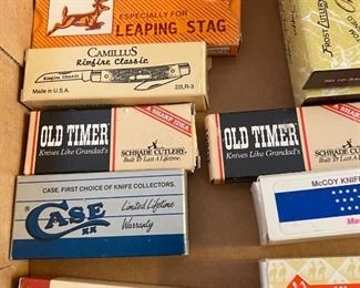 Knives new in boxes; Case, Camillus, Old Timer, One Eyed Jack, Kissing Cranes Frost Cutlery, McCoy Knife Co, Leaping Stag