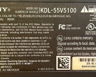 Sony Bravia 55in 1080p TV KDL-55V5100 34x53x5in HxWxD