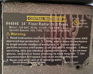 Central Machinery 44846 34" Floor Radial Drill Press 67x13x33in HxWxD