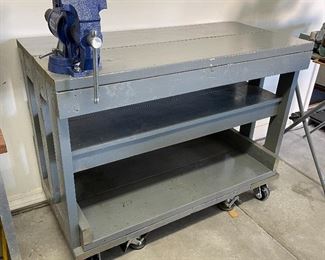 Rolling Wood Workbench with/ Central Forge Vise 36x48x22in HxWxD