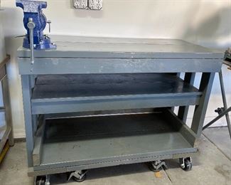 Rolling Wood Workbench with/ Central Forge Vise 36x48x22in HxWxD