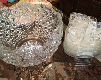 Cut glass punch bowl and serving pieces