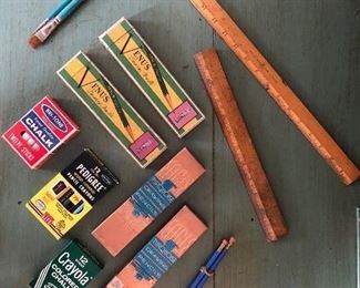 Vintage Art / Drawing Supplies In Original Boxes Eagle Turquoise Drawing Pencils
Venus Drawing Pencils
Crayola Crayons 
Crayola Colored Chalk
Bri Tone Chalk Sticks
Pedigree Wood Covered Pencil Crayons
Wooden Rulers
