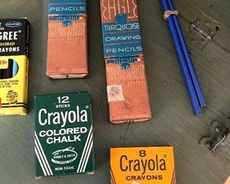 Vintage Art / Drawing Supplies In Original Boxes Eagle Turquoise Drawing Pencils
Venus Drawing Pencils
Crayola Crayons 
Bri Tone Chalk Sticks
Pedigree Wood Covered Pencil Crayons
