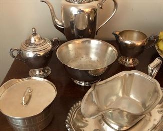 Silver Plate Items Coffee Pot, Sugar, Creamer, Serving Platers, Gravy Boat & Bowls